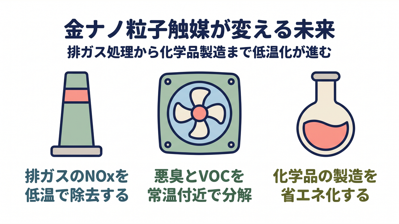金ナノ粒子触媒が変える未来|煙突=排ガスのNOxを低温で除去する・換気ファン=悪臭とVOCを常温付近で分解・丸底フラスコ=化学品の製造を省エネ化する