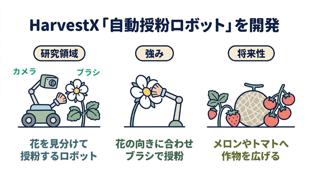 HarvestX「自動授粉ロボット」を開発｜研究領域=花を見分けて・授粉するロボット／強み=花の向きに合わせ・ブラシで授粉／将来性=メロンやトマトへ・作物を広げる