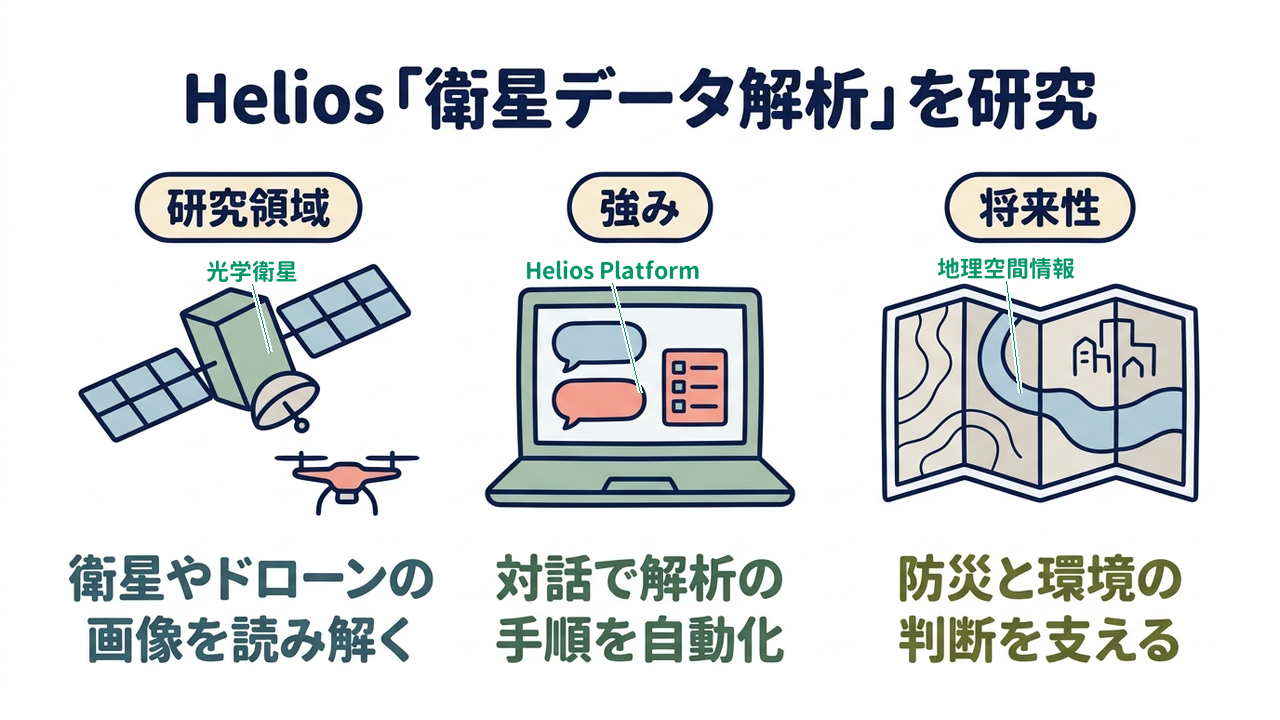 Helios「衛星データ解析」を研究｜研究領域=衛星やドローンの画像を読み解く／強み=対話で解析の手順を自動化／将来性=防災と環境の判断を支える