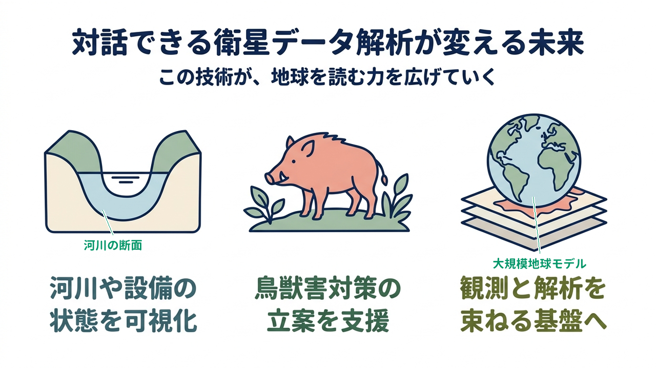 対話できる衛星データ解析が変える未来｜この技術が、地球を読む力を広げていく／河川や設備の状態を可視化／鳥獣害対策の立案を支援／観測と解析を束ねる基盤へ