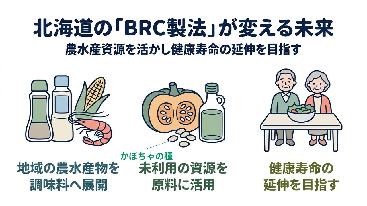 北海道の「BRC製法」が変える未来｜農水産資源を活かし健康寿命の延伸を目指す｜地域の農水産物を・調味料へ展開／未利用の資源を・原料に活用／健康寿命の・延伸を目指す