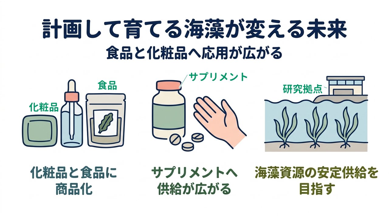 計画して育てる海藻が変える未来|食品と化粧品へ応用が広がる|化粧品と食品に・商品化/サプリメントへ・供給が広がる/海藻資源の安定供給を・目指す