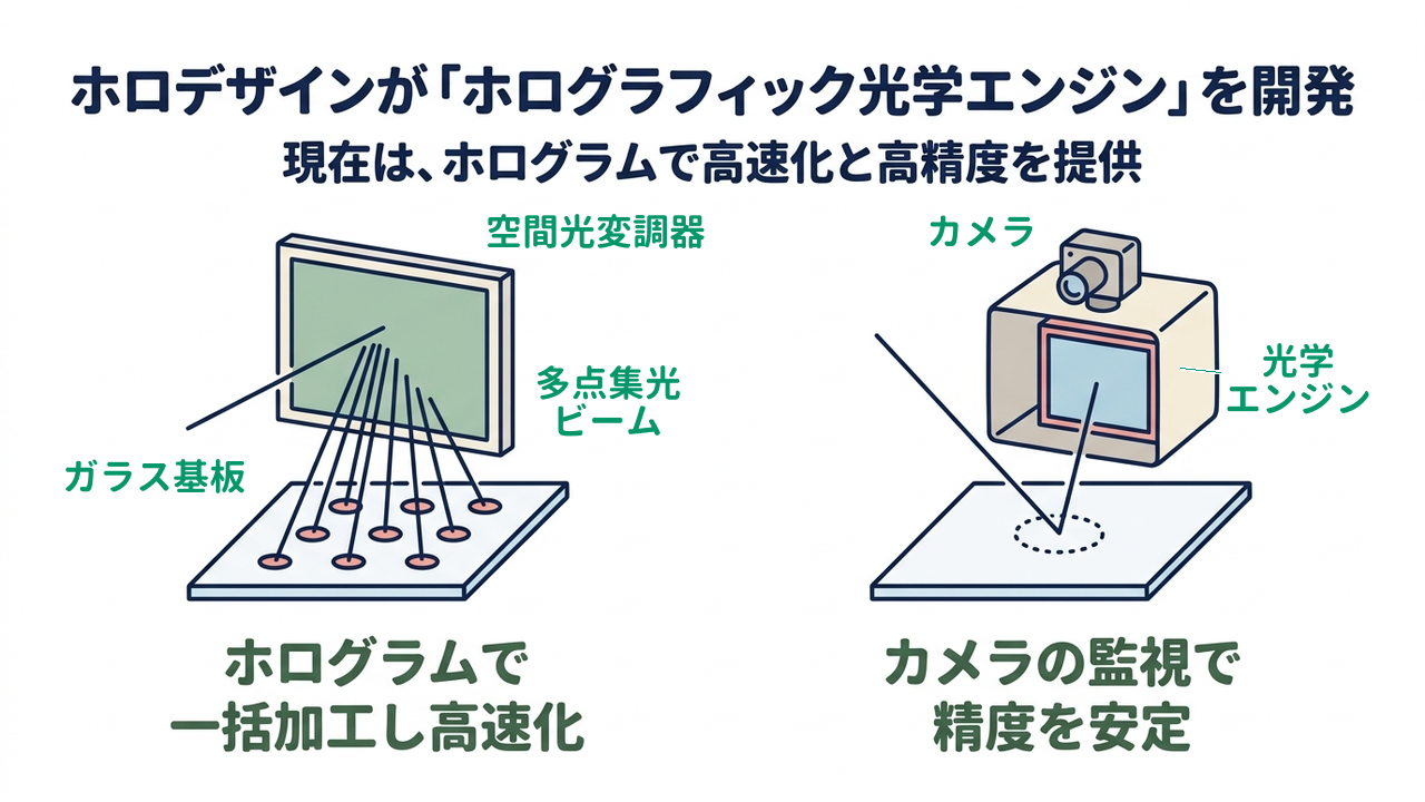 ホロデザインが「ホログラフィック光学エンジン」を開発｜現在は、ホログラムで高速化と高精度を提供｜ホログラムで・一括加工し高速化／カメラの監視で・精度を安定