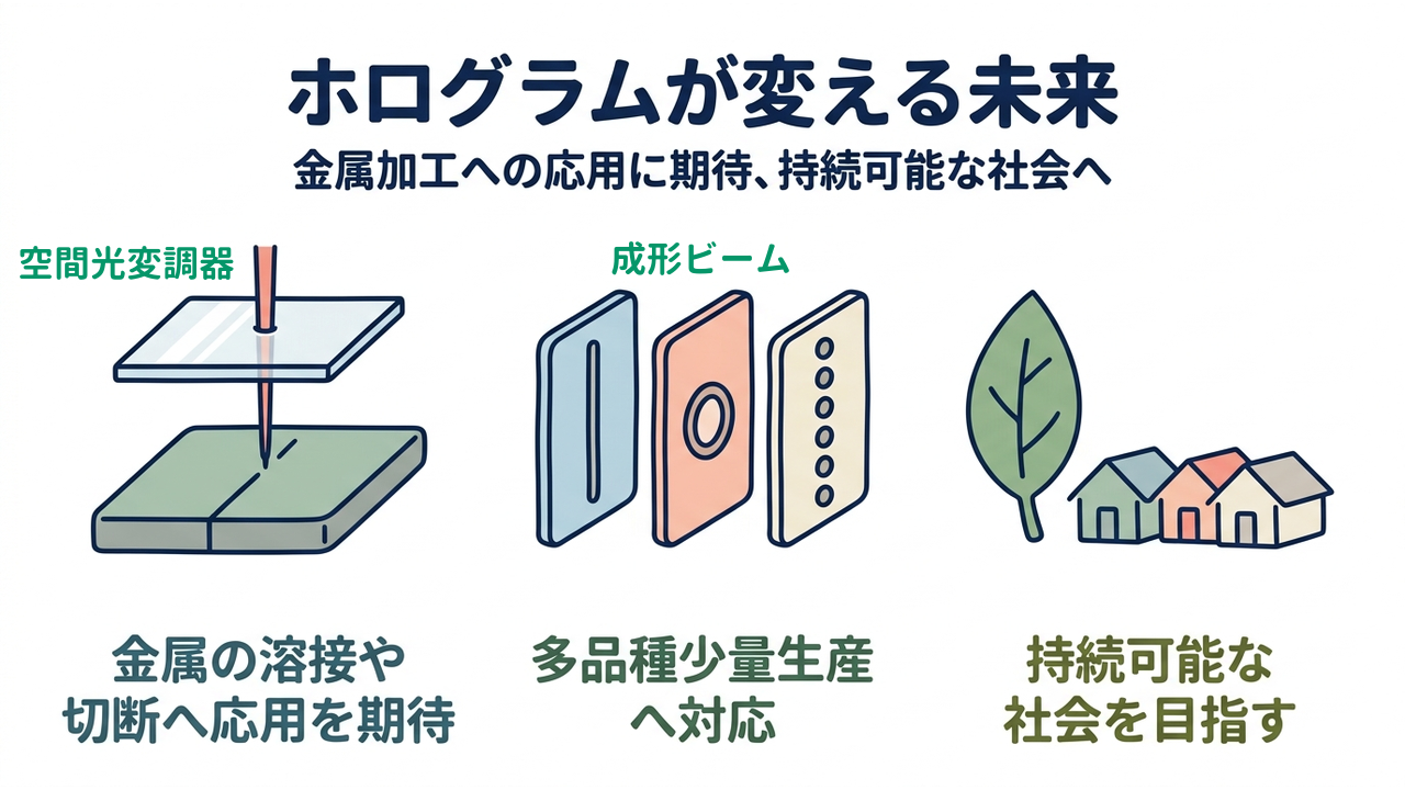 ホログラムが変える未来｜金属加工への応用に期待、持続可能な社会へ｜金属の溶接や・切断へ応用を期待／多品種少量生産・へ対応／持続可能な・社会を目指す