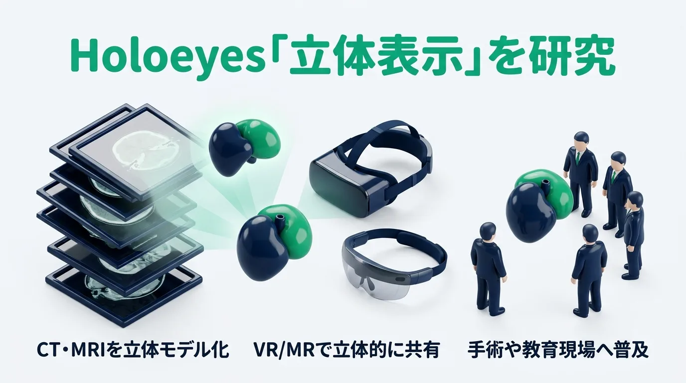 Holoeyes「立体表示」を研究｜研究領域=CT・MRI画像の3Dモデル化／強み=VR/MR機器で立体的に共有／将来性=手術や教育現場への普及