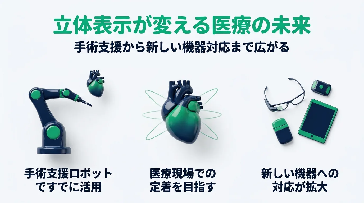 立体表示が変える医療の未来｜手術支援から新しい機器対応まで広がる／手術支援ロボットですでに活用／新しい機器への対応が拡大／医療現場での定着を目指す