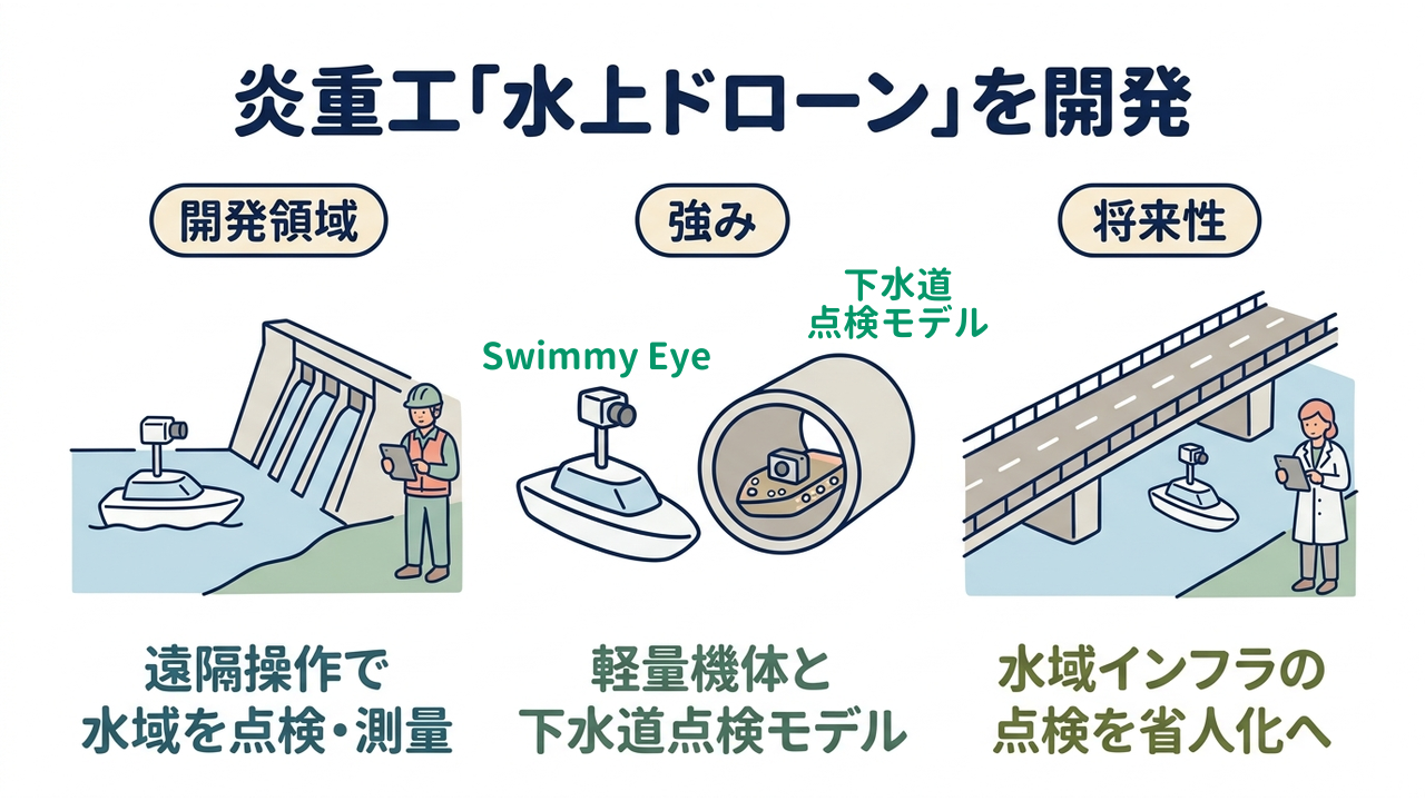 炎重工「水上ドローン」を開発｜開発領域=遠隔操作で・水域を点検・測量／強み=軽量機体と・下水道点検モデル／将来性=水域インフラの・点検を省人化へ