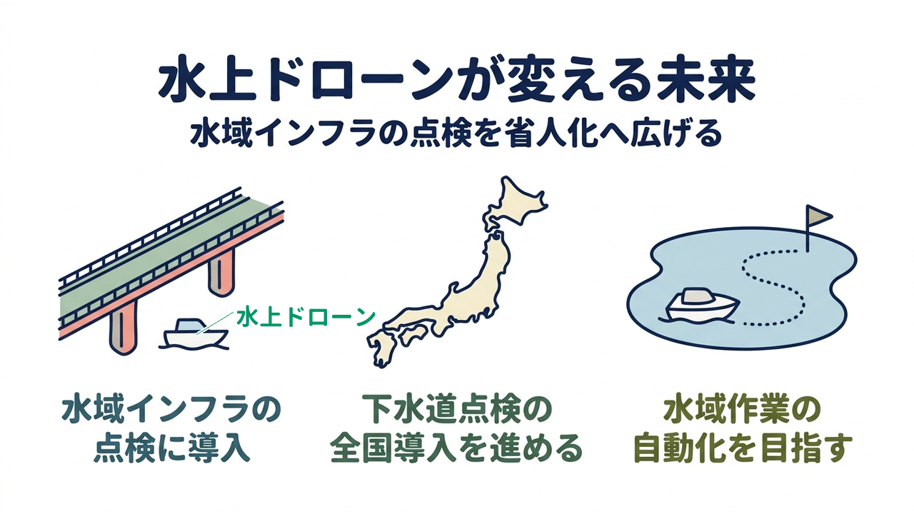 水上ドローンが変える未来｜水域インフラの点検を省人化へ広げる｜水域インフラの・点検に導入／下水道点検の・全国導入を進める／水域作業の・自動化を目指す