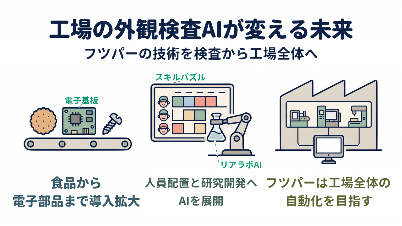 工場の外観検査AIが変える未来｜フツパーの技術を検査から工場全体へ｜食品から・電子部品まで導入拡大／人員配置と研究開発へ・AIを展開／フツパーは工場全体の・自動化を目指す