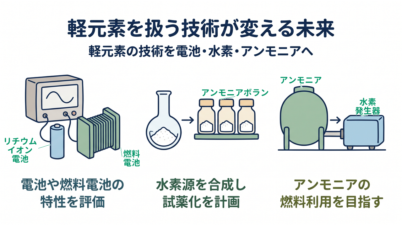 軽元素を扱う技術が変える未来｜軽元素の技術を電池・水素・アンモニアへ｜電池や燃料電池の・特性を評価／水素源を合成し・試薬化を計画／アンモニアの・燃料利用を目指す