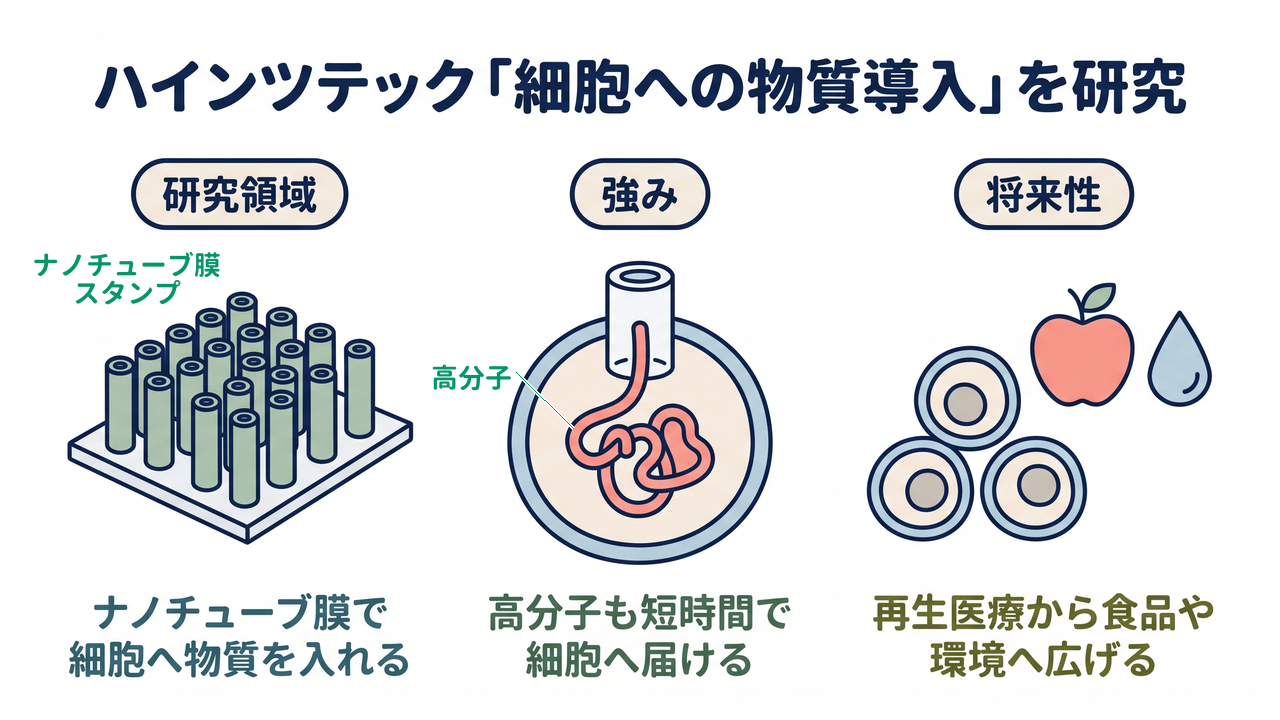 ハインツテック「細胞への物質導入」を研究|研究領域=ナノチューブ膜で細胞へ物質を入れる/強み=高分子も短時間で細胞へ届ける/将来性=再生医療から食品や環境へ広げる
