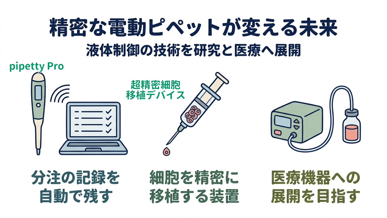 精密な電動ピペットが変える未来｜液体制御の技術を研究と医療へ展開／分注の記録を自動で残す／細胞を精密に移植する装置／医療機器への展開を目指す