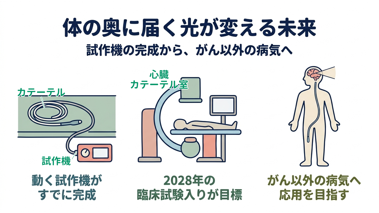 体の奥に届く光が変える未来｜試作機の完成から、がん以外の病気へ｜動く試作機が・すでに完成／2028年の・臨床試験入りが目標／がん以外の病気へ・応用を目指す