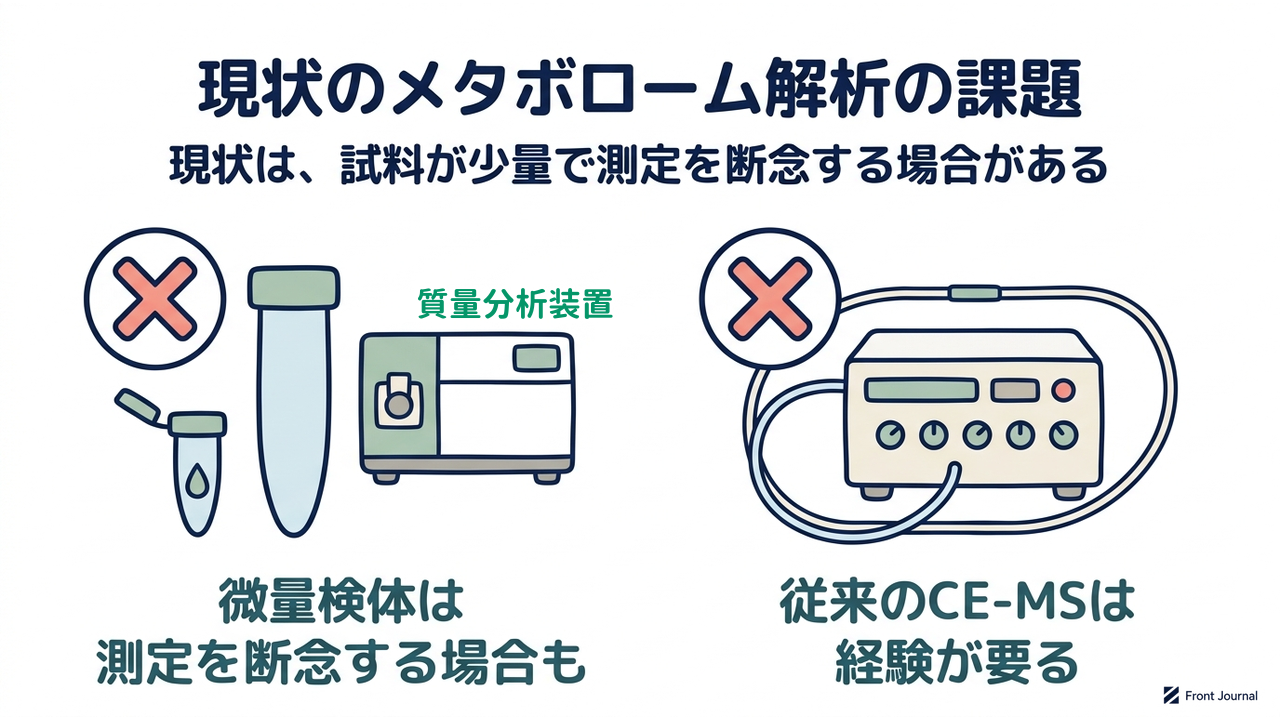 現状のメタボローム解析の課題|現状は、試料が少量で測定を断念する場合がある/微量検体は測定を断念する場合も/従来のCE-MSは経験が要る