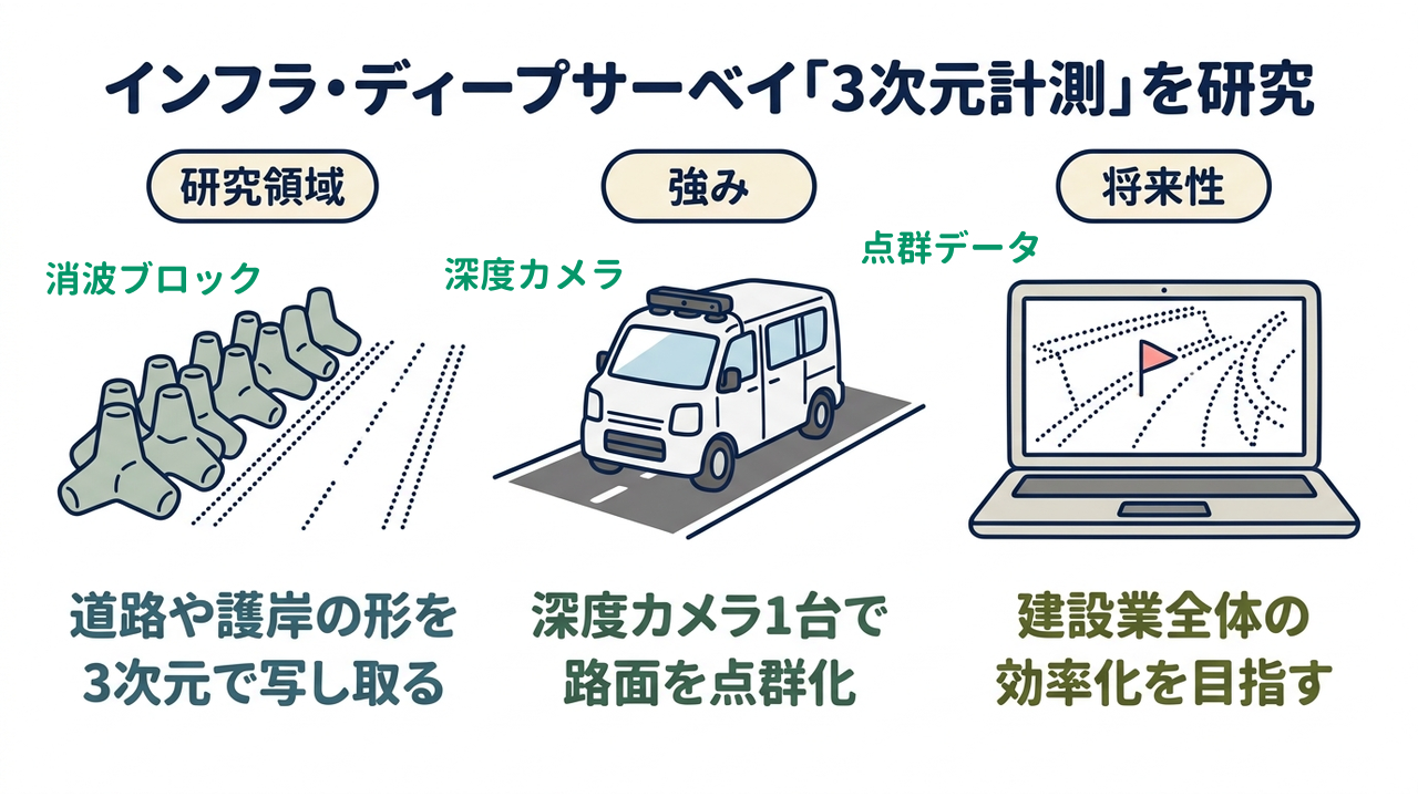インフラ・ディープサーベイ「3次元計測」を研究｜研究領域=道路や護岸の形を3次元で写し取る／強み=深度カメラ1台で路面を点群化／将来性=建設業全体の効率化を目指す