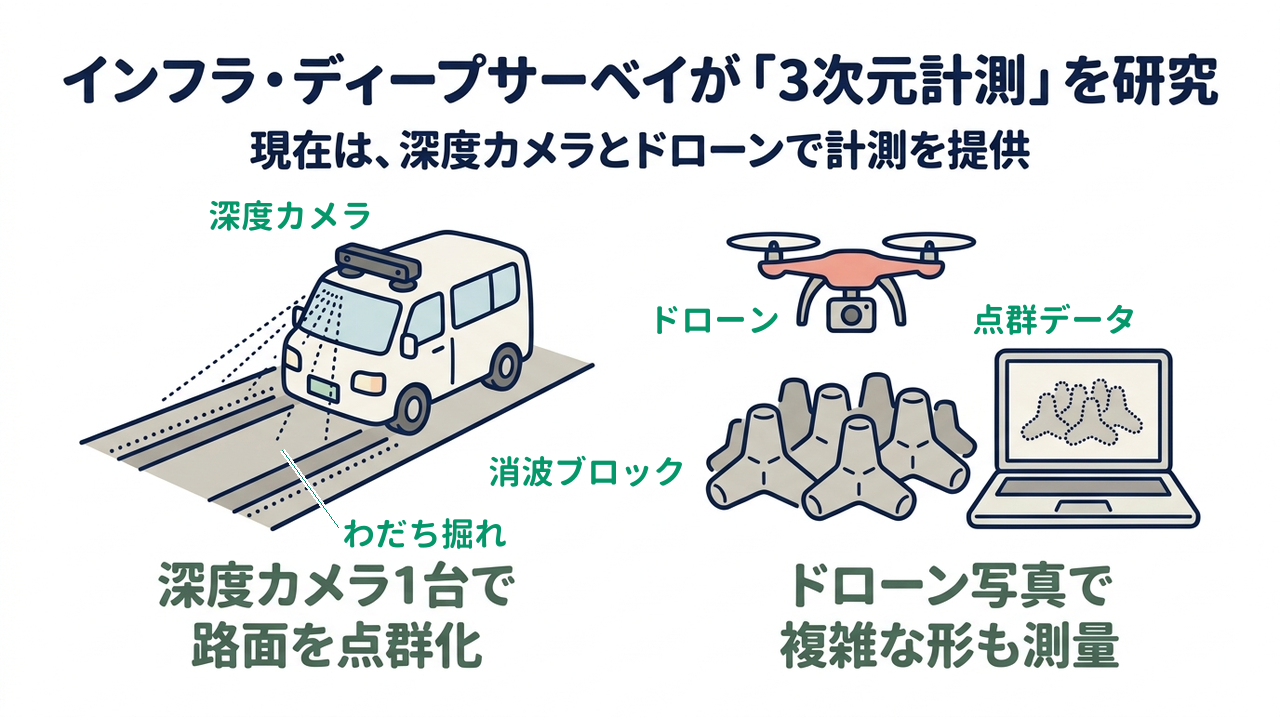 インフラ・ディープサーベイが「3次元計測」を研究｜深度カメラ1台で路面を点群化／ドローン写真で複雑な形も測量
