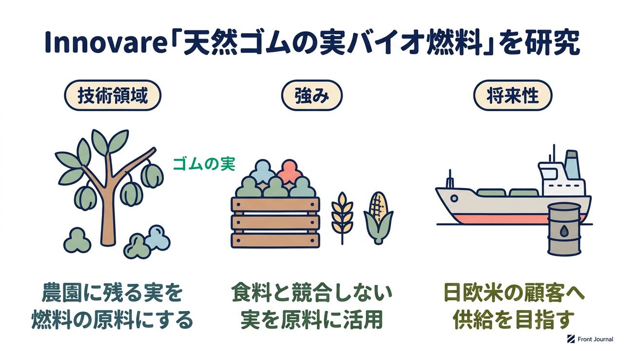Innovare「天然ゴムの実バイオ燃料」を研究｜技術領域=農園に残る実を・燃料の原料にする／強み=食料と競合しない・実を原料に活用／将来性=日欧米の顧客へ・供給を目指す
