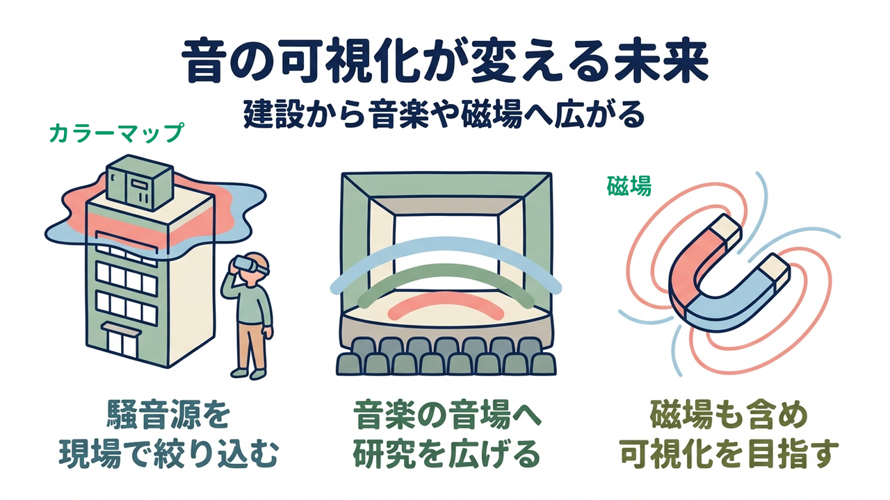 音の可視化が変える未来｜建設から音楽や磁場へ広がる／騒音源を現場で絞り込む／音楽の音場へ研究を広げる／磁場も含め可視化を目指す