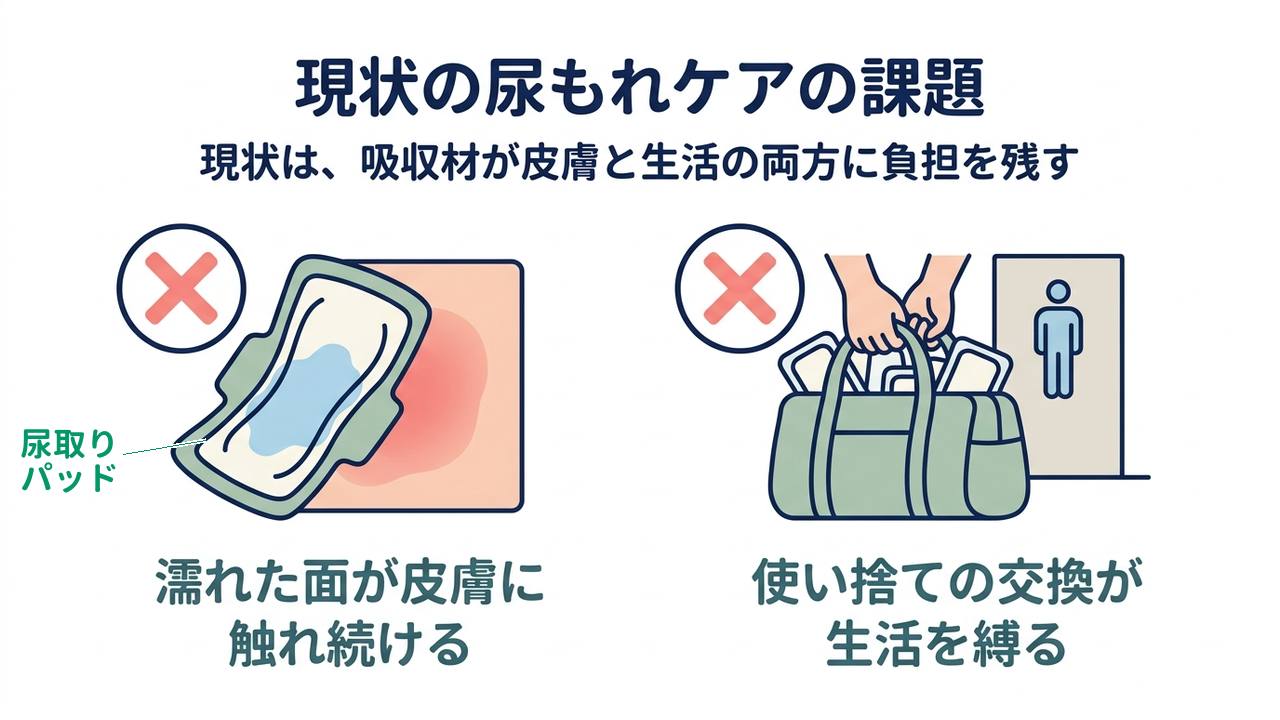 現状の尿もれケアの課題｜現状は、吸収材が皮膚と生活の両方に負担を残す｜濡れた面が皮膚に・触れ続ける／使い捨ての交換が・生活を縛る