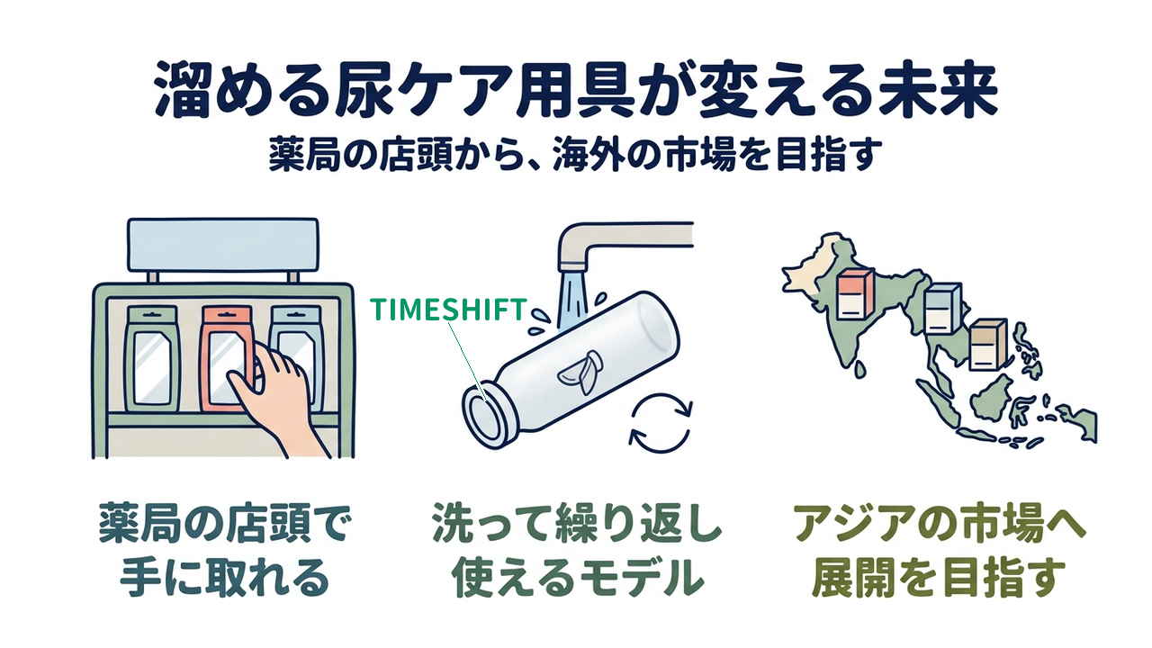 溜める尿ケア用具が変える未来｜薬局の店頭から、海外の市場を目指す｜薬局の店頭で・手に取れる／洗って繰り返し・使えるモデル／アジアの市場へ・展開を目指す