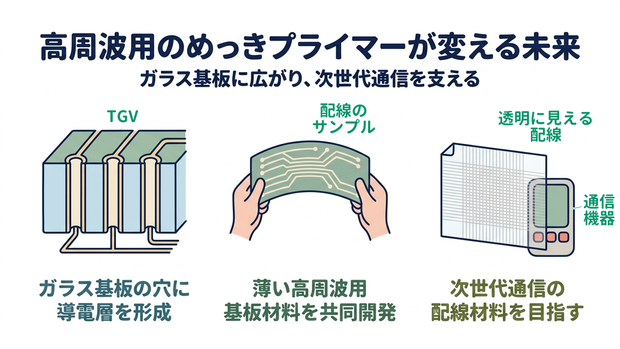 高周波用のめっきプライマーが変える未来｜ガラス基板に広がり、次世代通信を支える／ガラス基板の穴に導電層を形成／薄い高周波用基板材料を共同開発／次世代通信の配線材料を目指す
