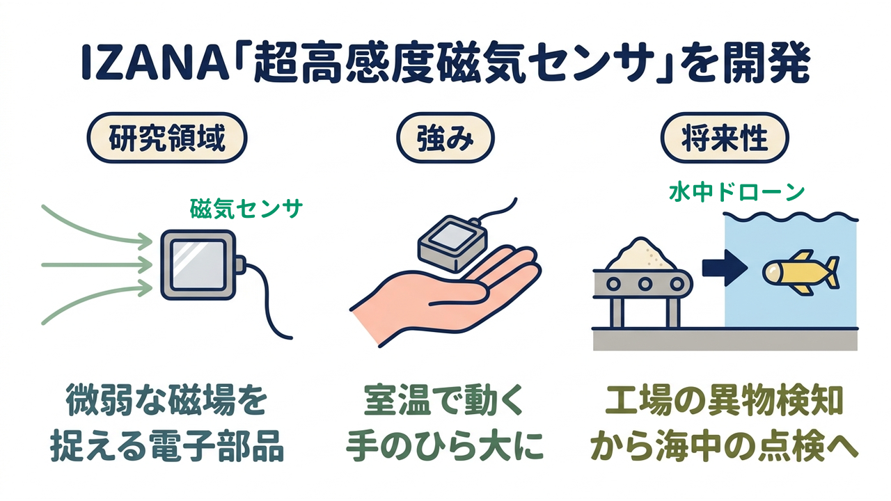 IZANA「超高感度磁気センサ」を開発｜研究領域=微弱な磁場を捉える電子部品／強み=室温で動く手のひら大に／将来性=工場の異物検知から海中の点検へ