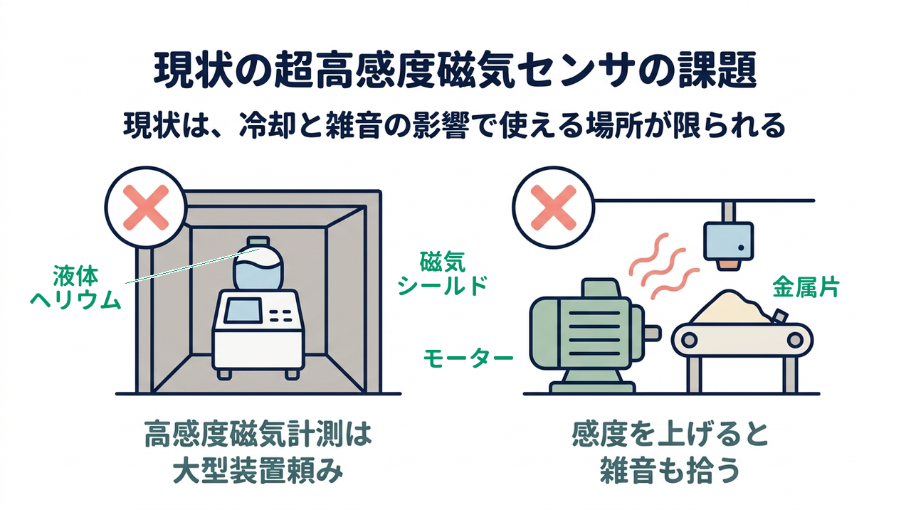 現状の超高感度磁気センサの課題｜現状は、冷却と雑音の影響で使える場所が限られる／高感度磁気計測は大型装置頼み／感度を上げると雑音も拾う