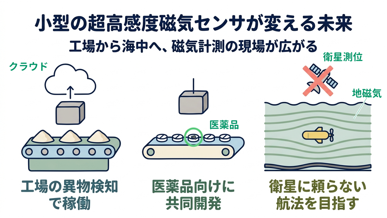 小型の超高感度磁気センサが変える未来｜工場から海中へ、磁気計測の現場が広がる／工場の異物検知で稼働／医薬品向けに共同開発／衛星に頼らない航法を目指す