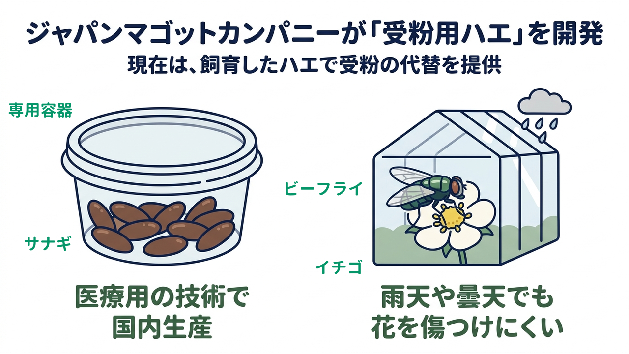 ジャパンマゴットカンパニーが「受粉用ハエ」を開発|現在は、飼育したハエで受粉の代替を提供|医療用の技術で・国内生産/雨天や曇天でも・花を傷つけにくい