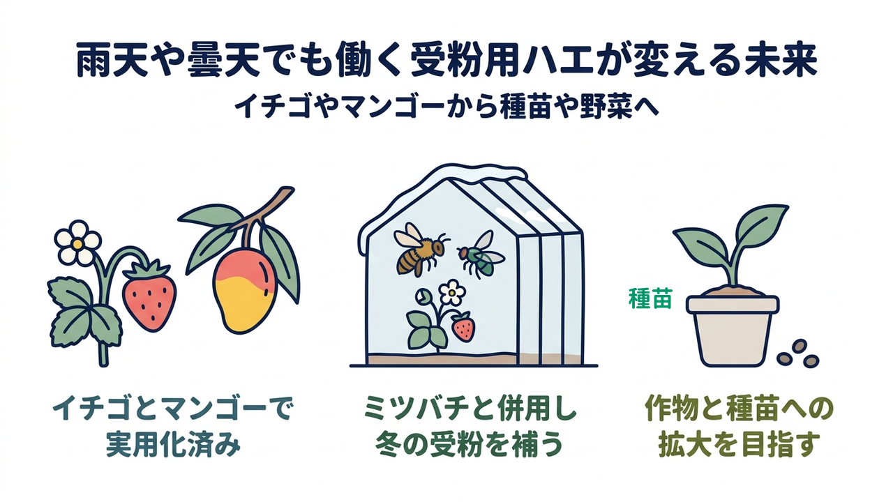雨天や曇天でも働く受粉用ハエが変える未来|イチゴやマンゴーから種苗や野菜へ|イチゴとマンゴーで・実用化済み/ミツバチと併用し・冬の受粉を補う/作物と種苗への・拡大を目指す