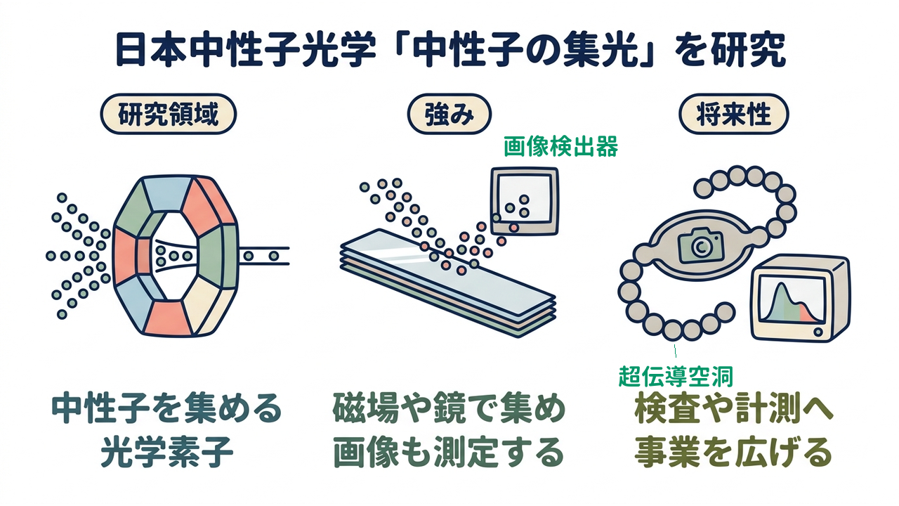 日本中性子光学「中性子の集光」を研究｜研究領域=中性子を集める・光学素子／強み=磁場や鏡で集め・画像も測定する／将来性=検査や計測へ・事業を広げる