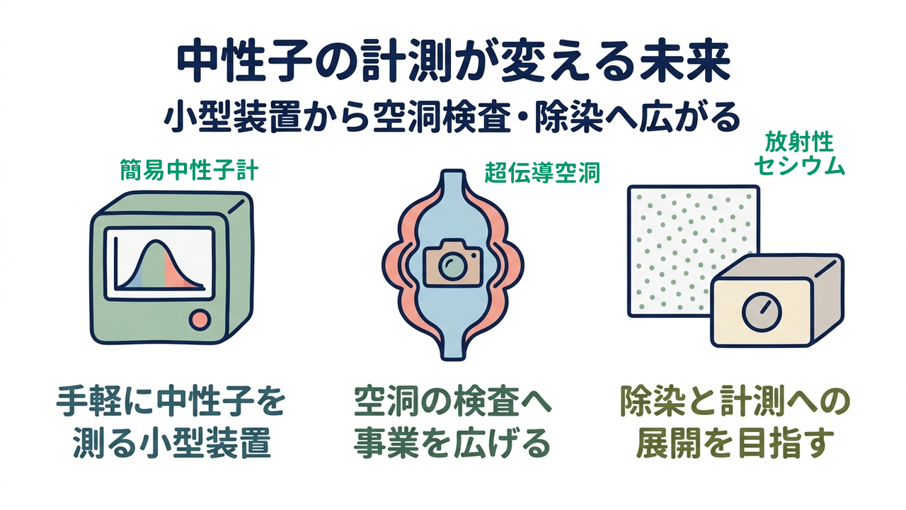 中性子の計測が変える未来｜小型装置から空洞検査・除染へ広がる｜手軽に中性子を・測る小型装置／空洞の検査へ・事業を広げる／除染と計測への・展開を目指す