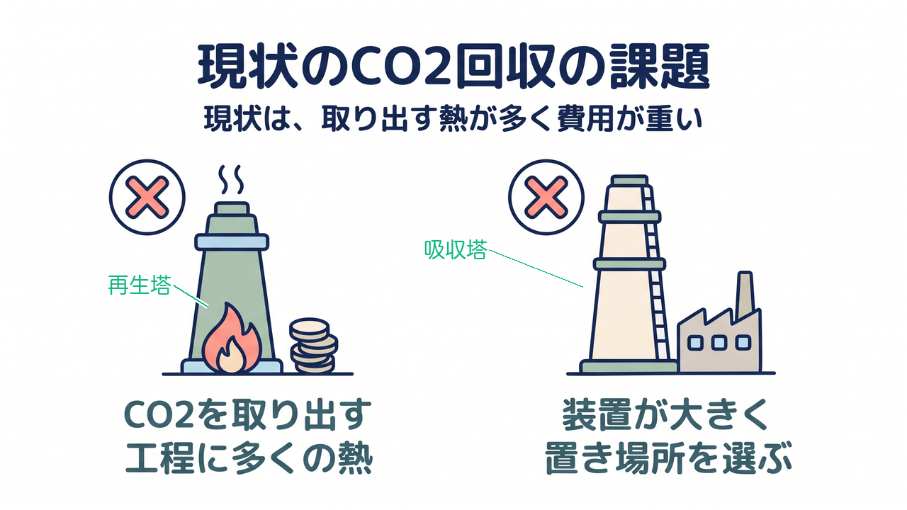 現状のCO2回収の課題｜現状は、取り出す熱が多く費用が重い／CO2を取り出す／工程に多くの熱／装置が大きく／置き場所を選ぶ