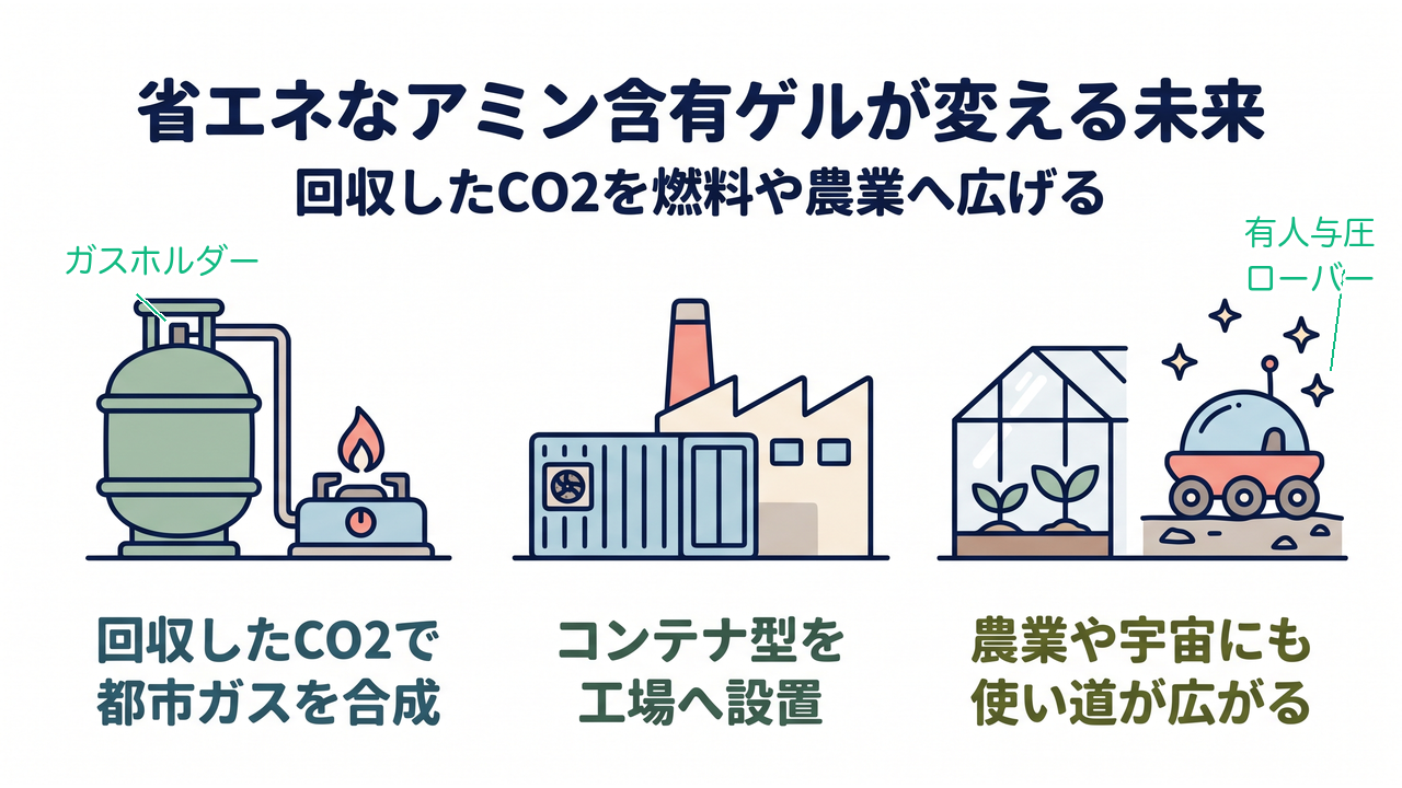 省エネなアミン含有ゲルが変える未来｜回収したCO2を燃料や農業へ広げる／回収したCO2で／都市ガスを合成／コンテナ型を／工場へ設置／農業や宇宙にも／使い道が広がる