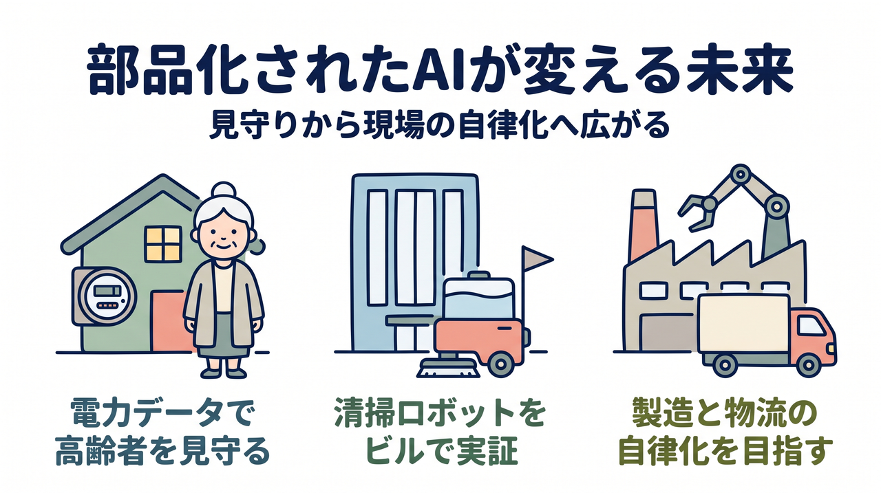 部品化されたAIが変える未来｜見守りから現場の自律化へ広がる／電力データで高齢者を見守る／清掃ロボットをビルで実証／製造と物流の自律化を目指す