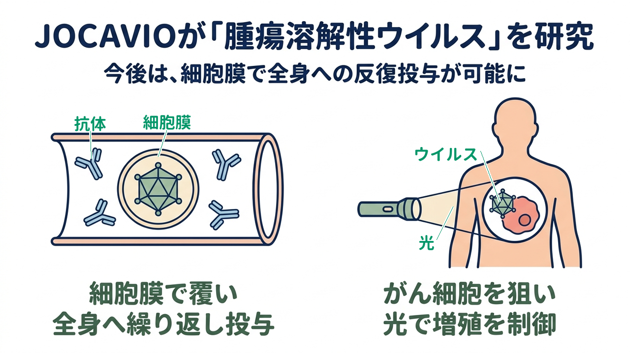 JOCAVIOが「腫瘍溶解性ウイルス」を研究｜今後は、細胞膜で全身への反復投与が可能に／細胞膜で覆い全身へ繰り返し投与／がん細胞を狙い光で増殖を制御