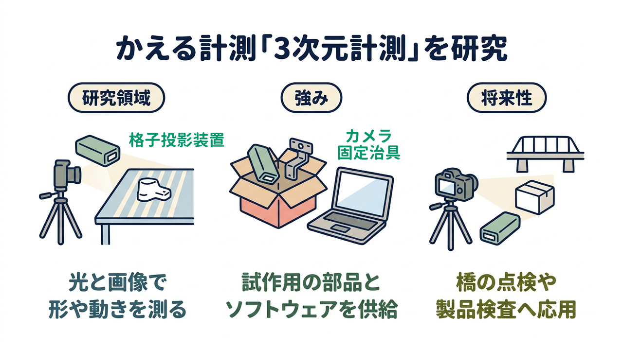 かえる計測「3次元計測」を研究｜研究領域=光と画像で・形や動きを測る／強み=試作用の部品と・ソフトウェアを供給／将来性=橋の点検や・製品検査へ応用
