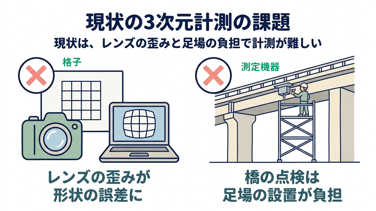 現状の3次元計測の課題｜現状は、レンズの歪みと足場の負担で計測が難しい｜レンズの歪みが・形状の誤差に／橋の点検は・足場の設置が負担