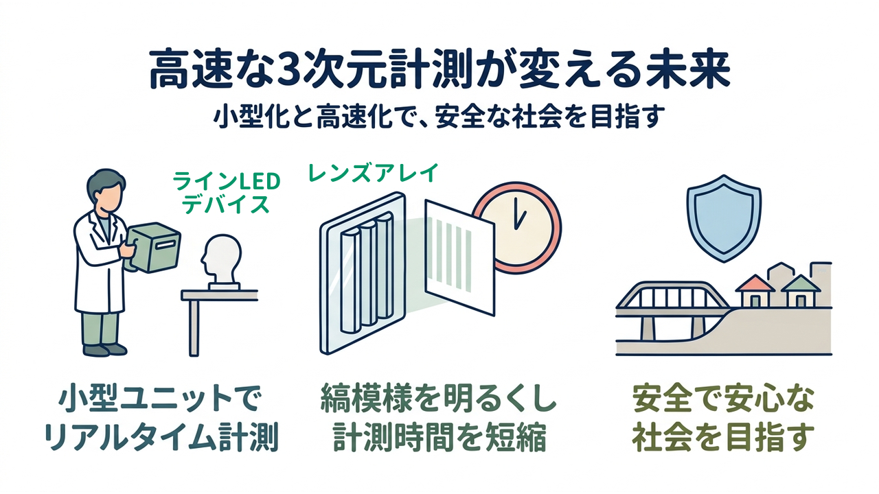高速な3次元計測が変える未来｜小型化と高速化で、安全な社会を目指す｜小型ユニットで・リアルタイム計測／縞模様を明るくし・計測時間を短縮／安全で安心な・社会を目指す