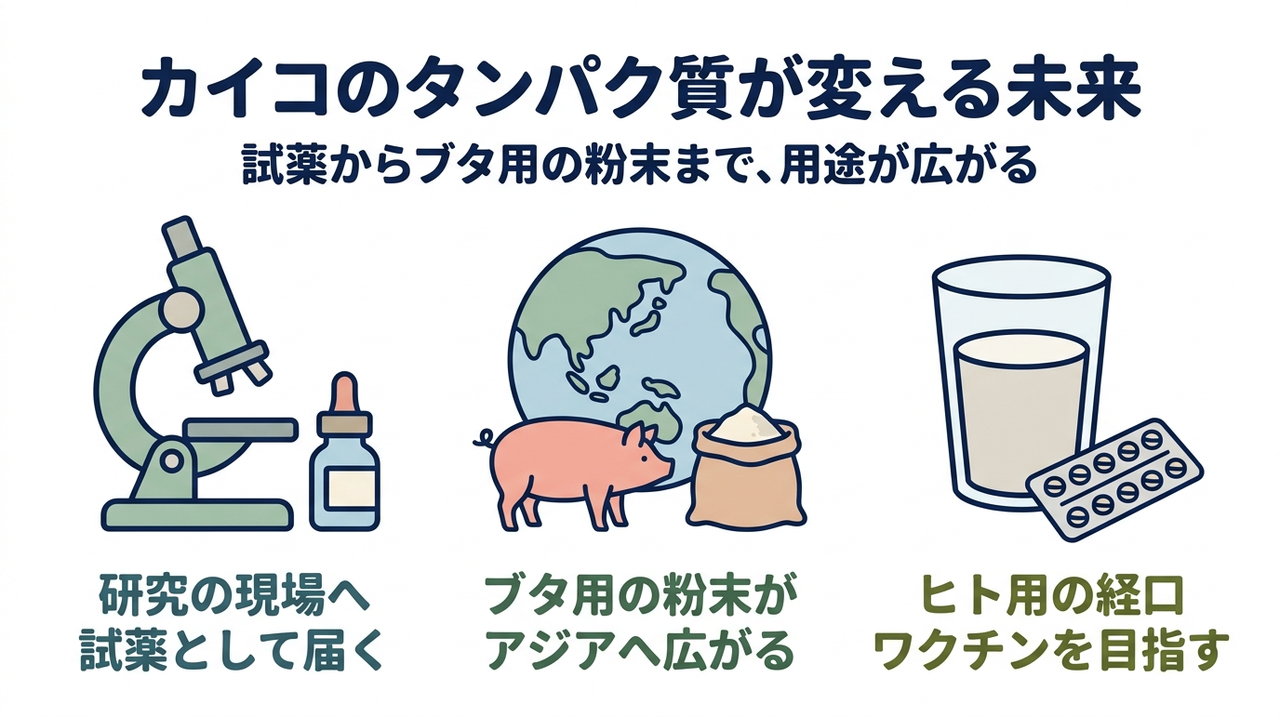 カイコのタンパク質が変える未来｜試薬からブタ用の粉末まで、用途が広がる／研究の現場へ試薬として届く／ブタ用の粉末がアジアへ広がる／ヒト用の経口ワクチンを目指す