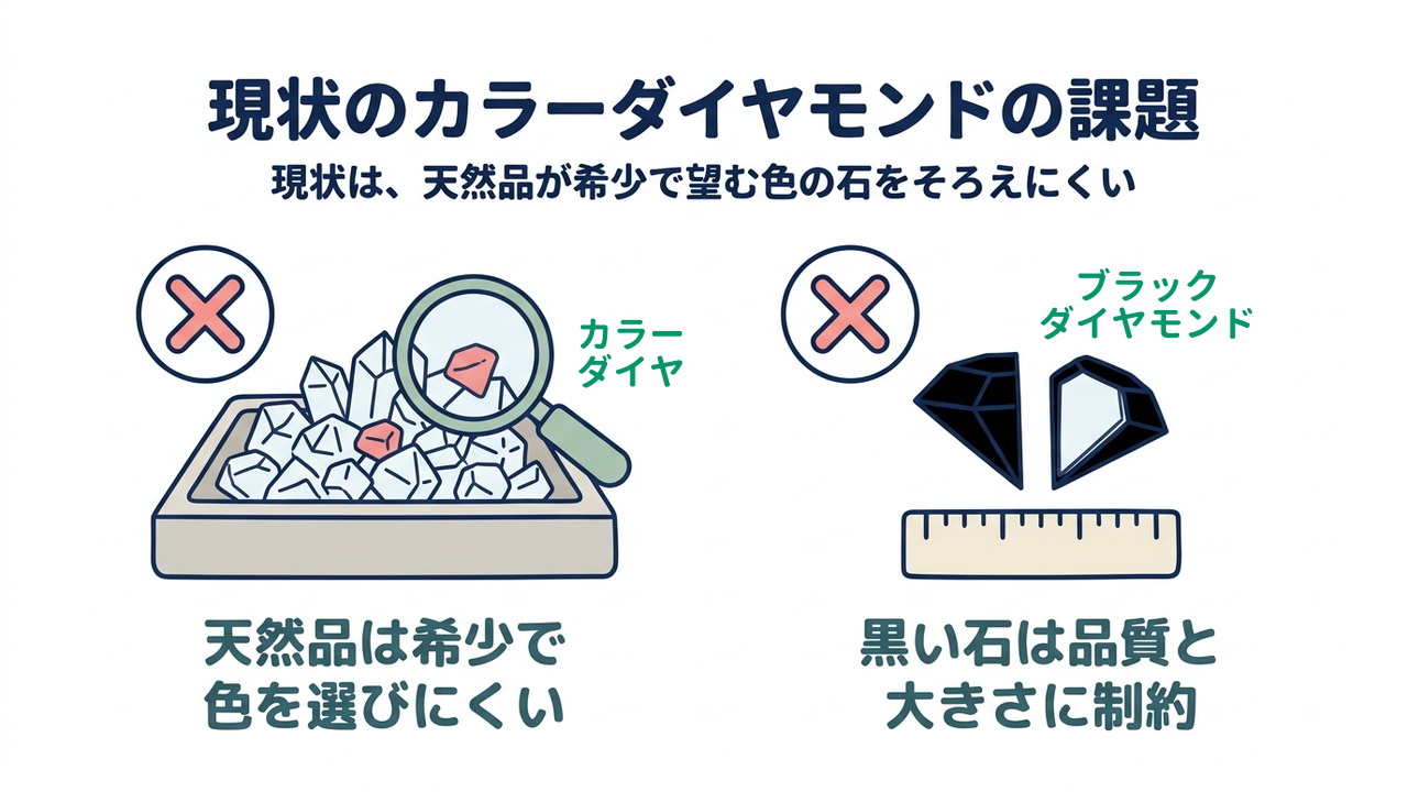 現状のカラーダイヤモンドの課題|現状は、天然品が希少で望む色の石をそろえにくい/天然品は希少で色を選びにくい/黒い石は品質と大きさに制約