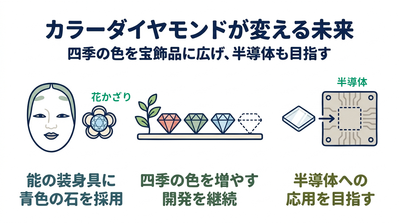 カラーダイヤモンドが変える未来|四季の色を宝飾品に広げ、半導体も目指す/能の装身具に青色の石を採用/四季の色を増やす開発を継続/半導体への応用を目指す