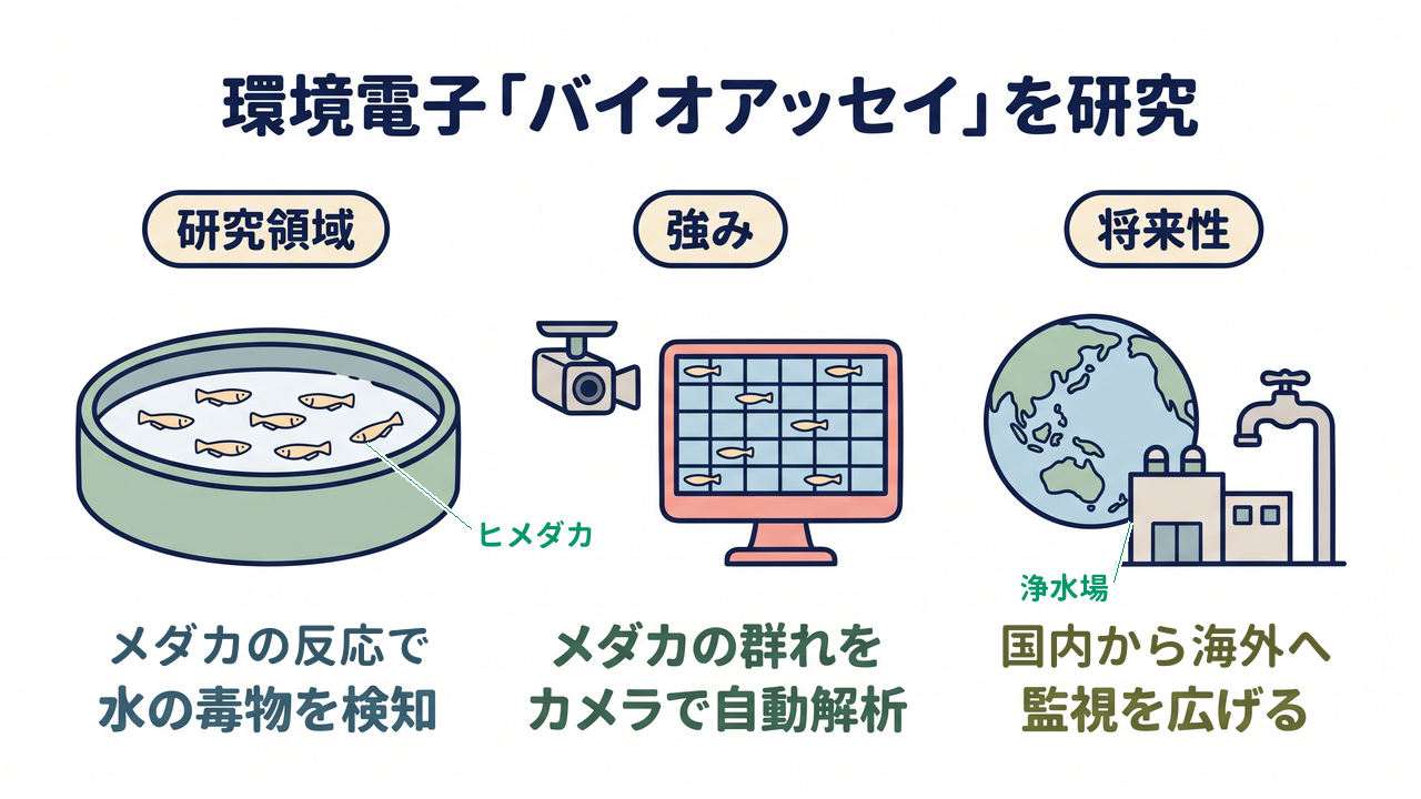 環境電子「バイオアッセイ」を研究｜研究領域=メダカの反応で・水の毒物を検知／強み=メダカの群れを・カメラで自動解析／将来性=国内から海外へ・監視を広げる