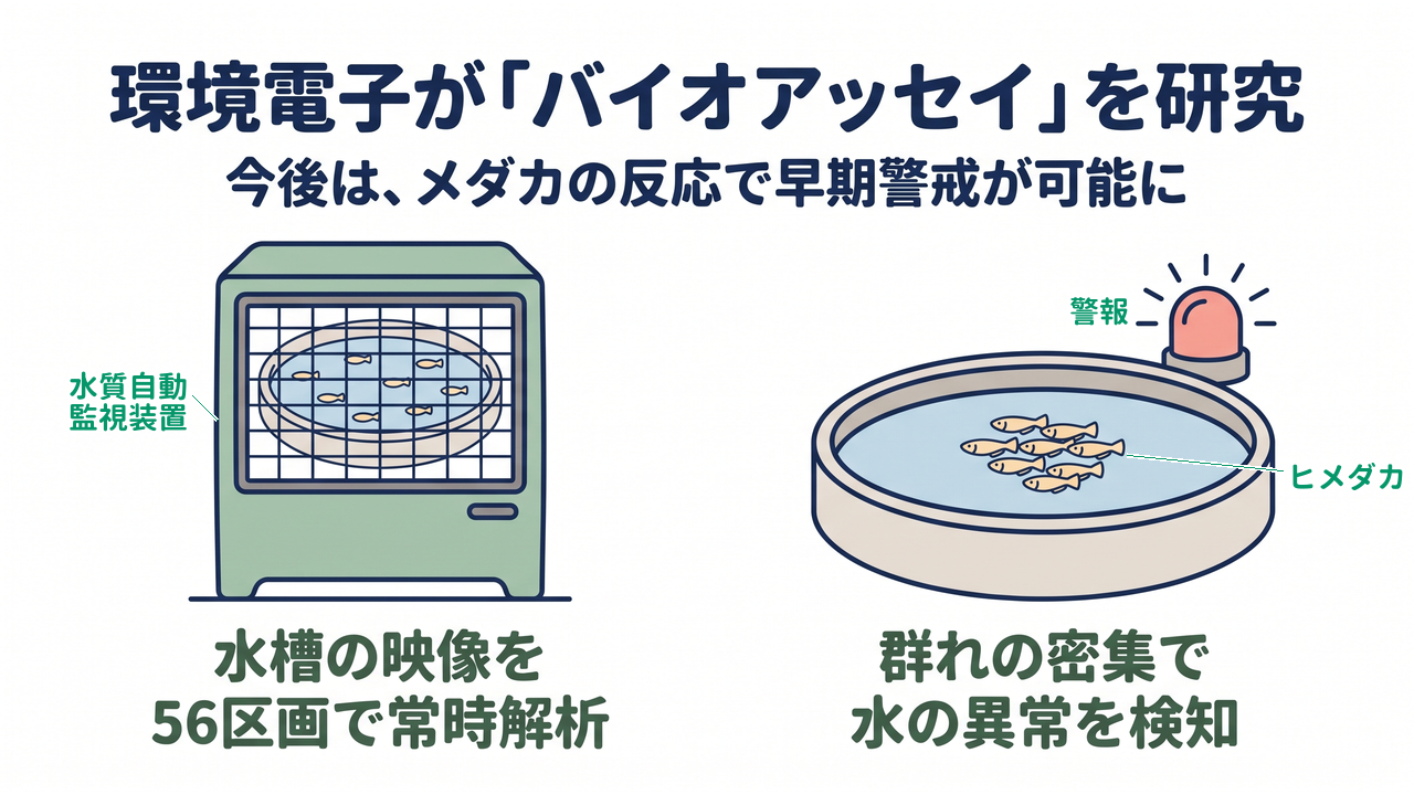 環境電子が「バイオアッセイ」を研究｜今後は、メダカの反応で早期警戒が可能に｜水槽の映像を・56区画で常時解析／群れの密集で・水の異常を検知