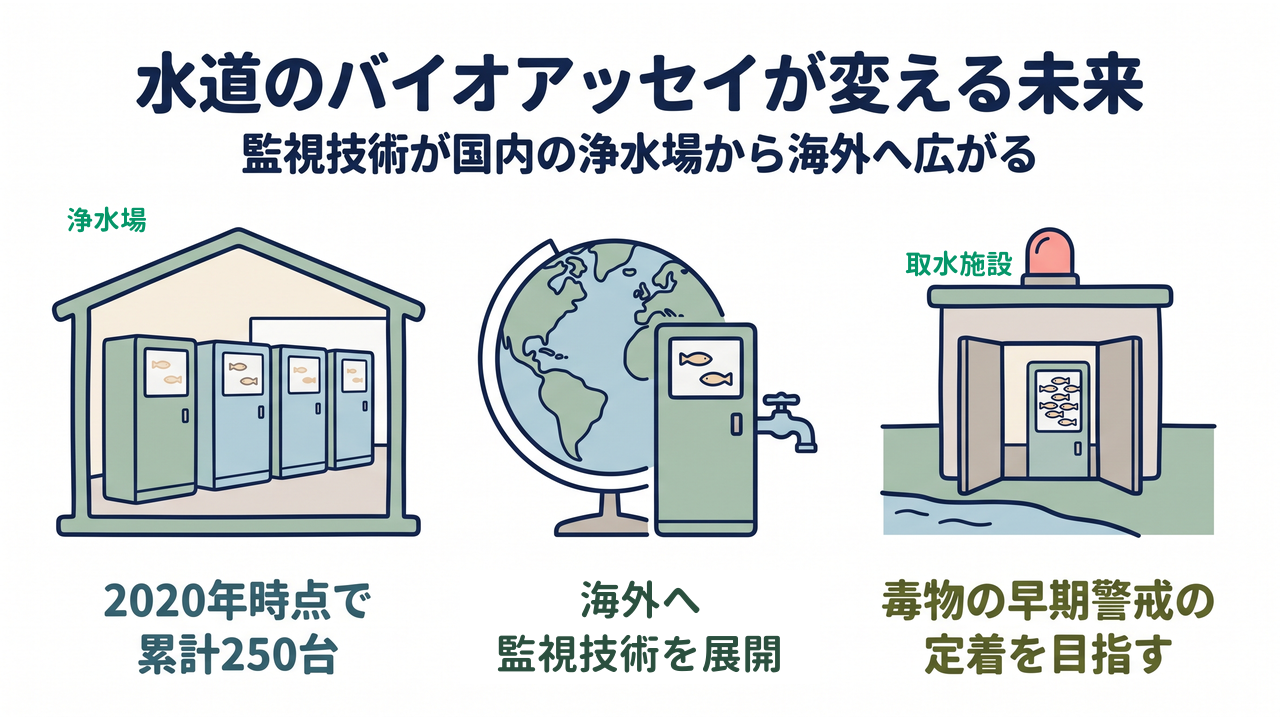 水道のバイオアッセイが変える未来｜監視技術が国内の浄水場から海外へ広がる｜2020年時点で・累計250台／海外へ・監視技術を展開／毒物の早期警戒の・定着を目指す