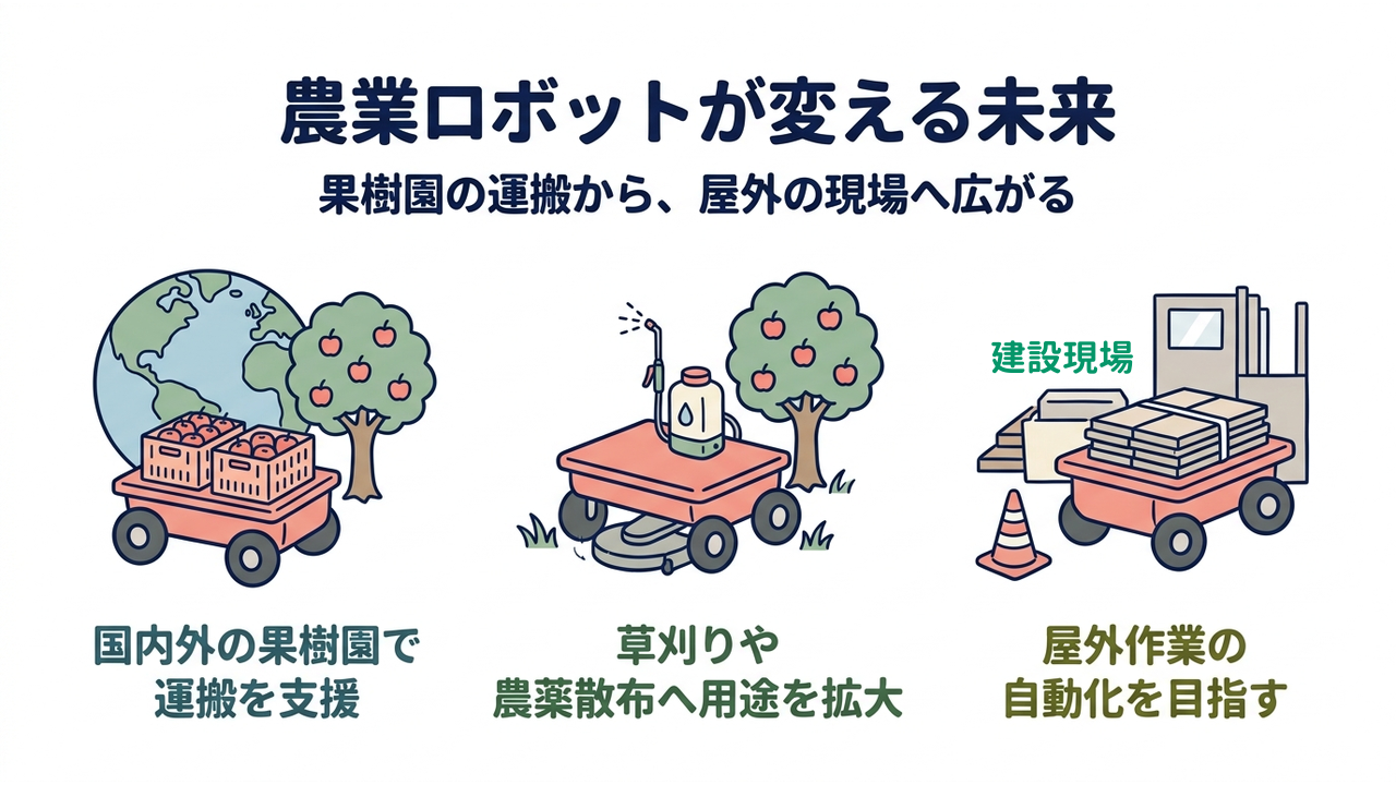 農業ロボットが変える未来｜果樹園の運搬から、屋外の現場へ広がる／国内外の果樹園で運搬を支援／草刈りや農薬散布へ用途を拡大／屋外作業の自動化を目指す