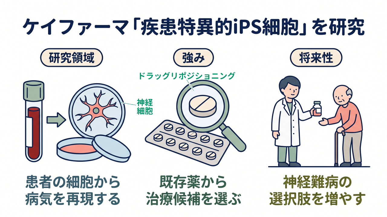 ケイファーマ「疾患特異的iPS細胞」を研究｜研究領域=患者の細胞から病気を再現する／強み=既存薬から治療候補を選ぶ／将来性=神経難病の選択肢を増やす