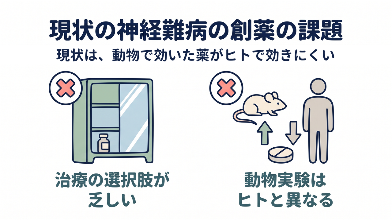 現状の神経難病の創薬の課題｜現状は、動物で効いた薬がヒトで効きにくい｜治療の選択肢が乏しい／動物実験はヒトと異なる