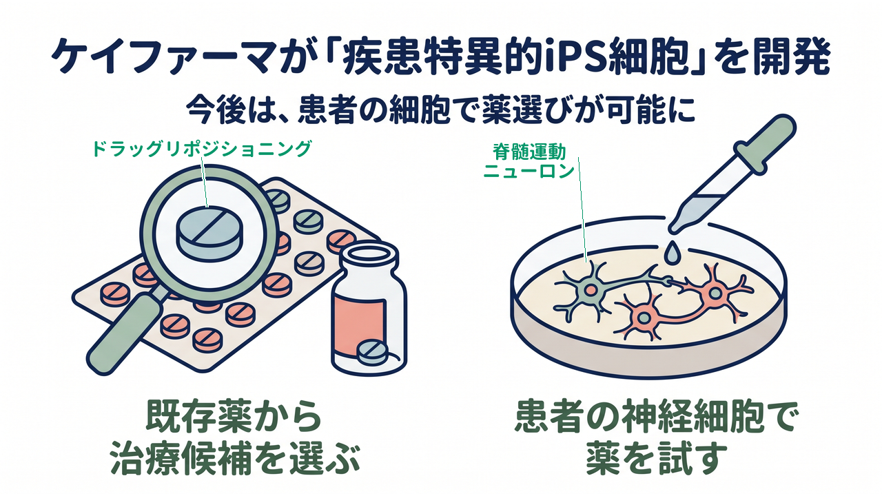 ケイファーマが「疾患特異的iPS細胞」を開発｜今後は、患者の細胞で薬選びが可能に｜既存薬から治療候補を選ぶ／患者の神経細胞で薬を試す