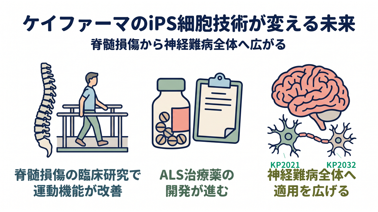 ケイファーマのiPS細胞技術が変える未来｜脊髄損傷から神経難病全体へ広がる｜脊髄損傷の臨床研究で運動機能が改善／ALS治療薬の開発が進む／神経難病全体へ適用を広げる